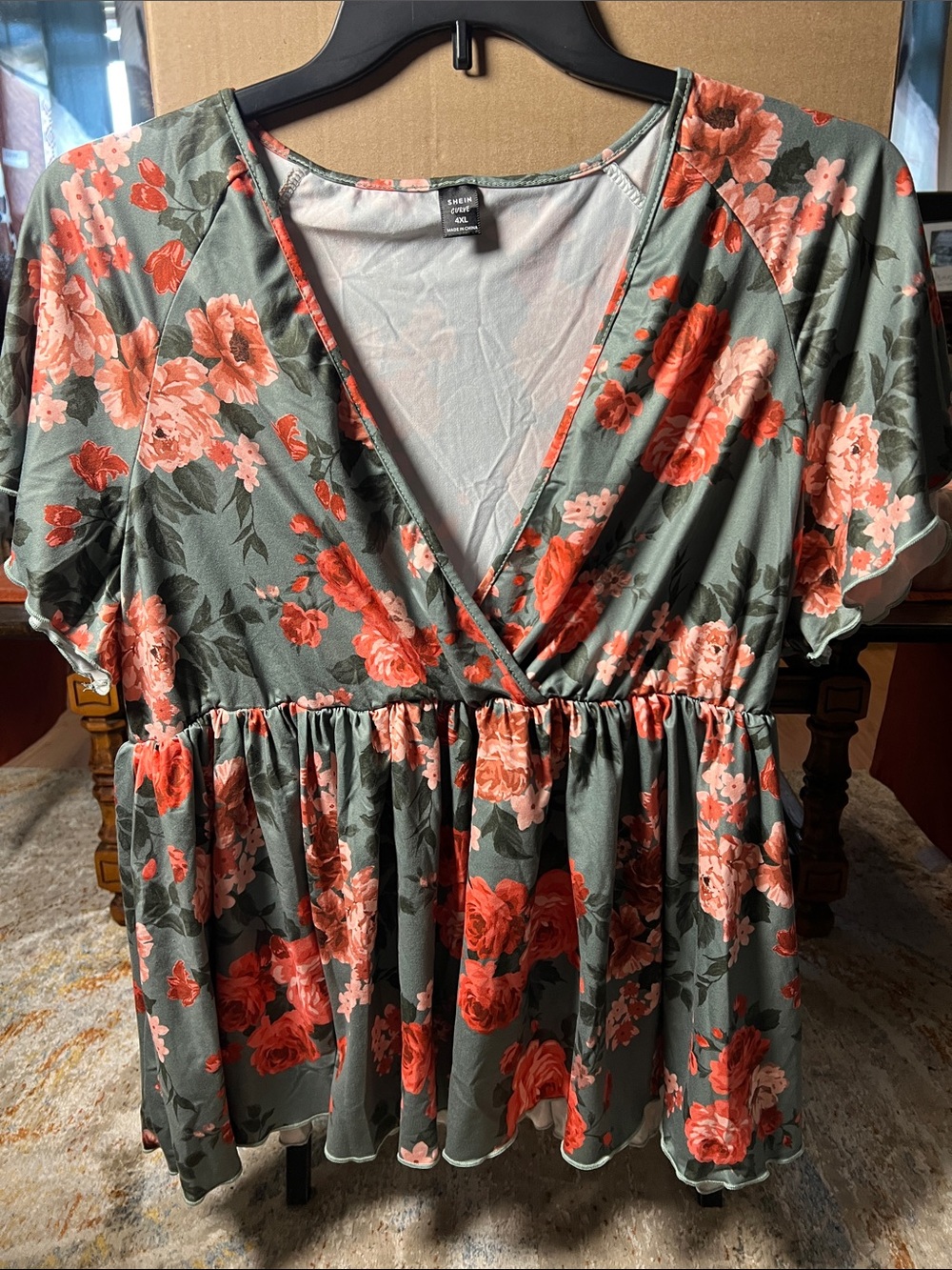 SHEIN Moss Green Wrap Peplum Top with Coral Floral Print